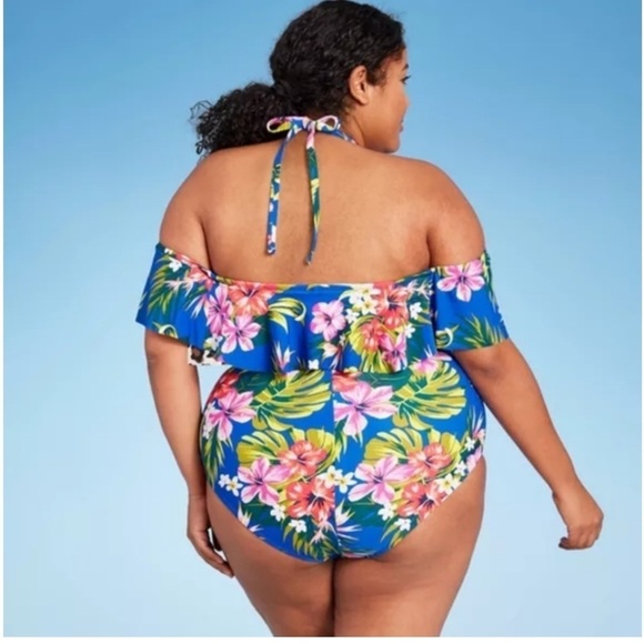 Kona Sol Plus Size Adjustable Tropical Floral One-Piece Swimsuit in Blue Sz 18W - Picture 3 of 6
